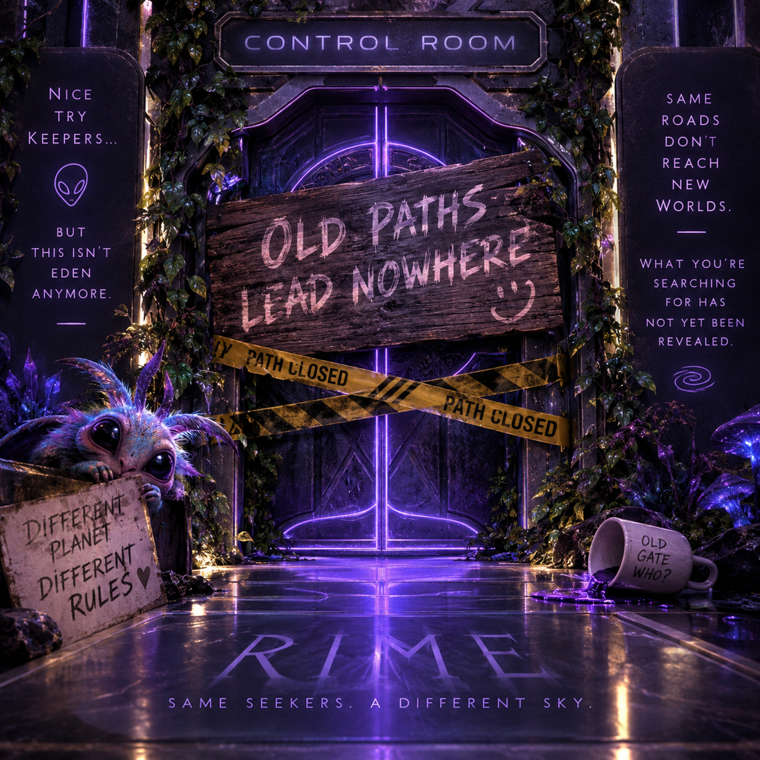 The Control Room door, overgrown and lit violet, barred by PATH CLOSED tape and a weathered sign reading OLD PATHS LEAD NOWHERE. Nice try Keepers — but this isn't Eden anymore. Same roads don't reach new worlds. What you're searching for has not yet been revealed. Different planet, different rules. RIME: same seekers, a different sky.