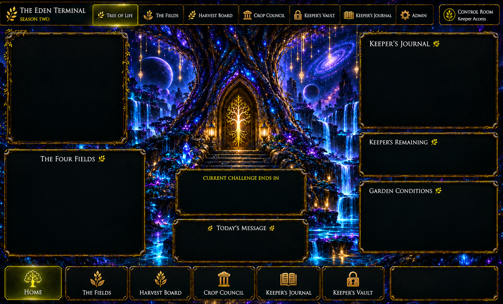 The Eden Terminal, Season Two: the Tree of Life beneath a starlit canopy, with the Four Fields, Keeper's Journal, countdown, Garden conditions and navigation.